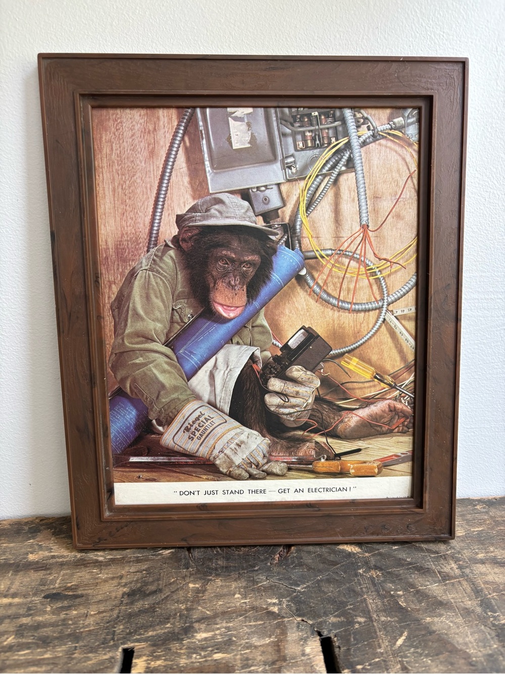Vintage Framed Home Art Print featuring Chimpanzee Electrician gag gift